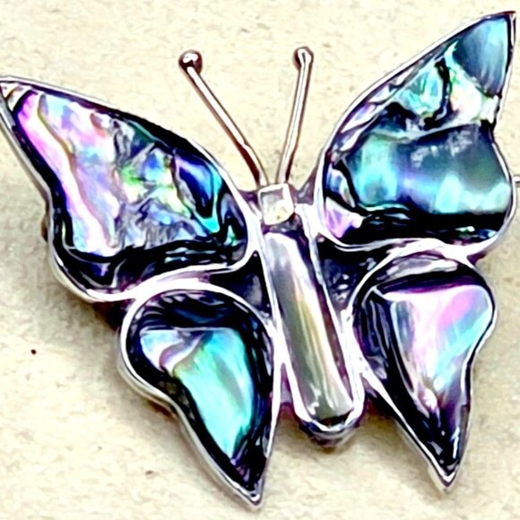 Vintage Taxco 925 Sterling Mexican Silver Abalone Iridescent Butterfly Brooch Pi - Picture 5 of 14